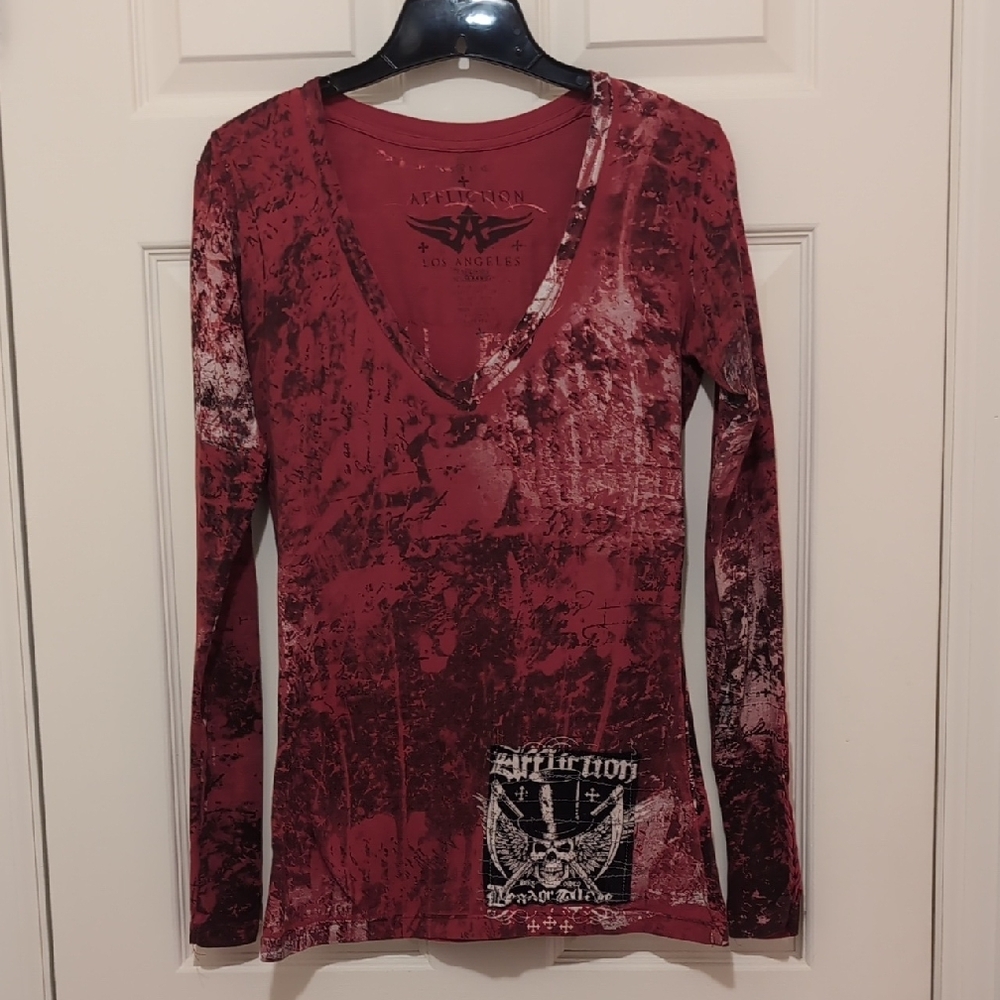 Affliction Red Graphic Long Sleeve Blouse